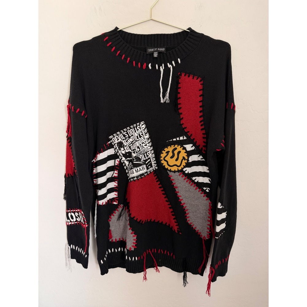 Current Mood Dolls Kill Fab Mab Patchwork Distressed Sweater Black Red XS/S